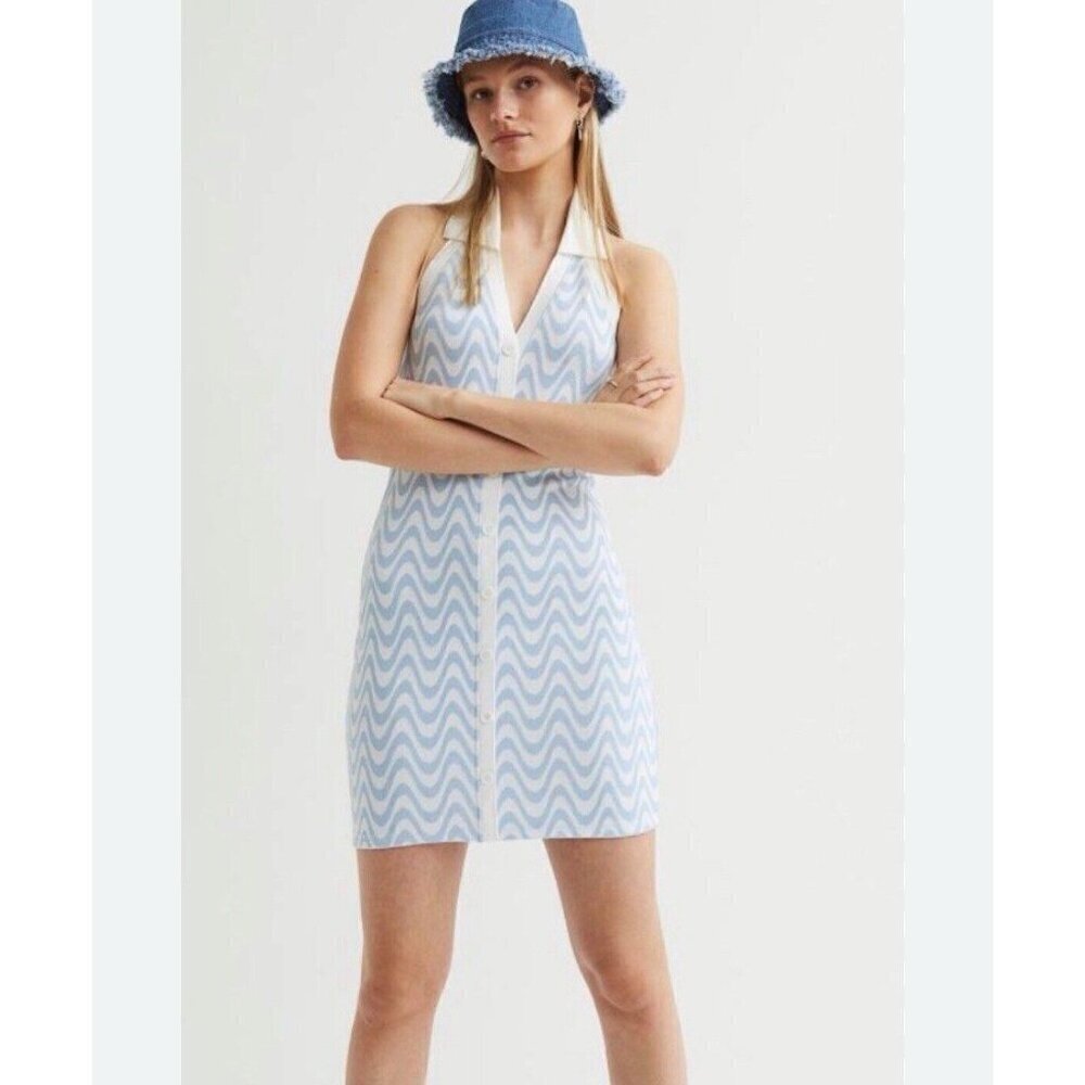H&M Divided Halter Mini Dress Womens XS Blue Wavy Knit Retro Bodycon Y2K Summer